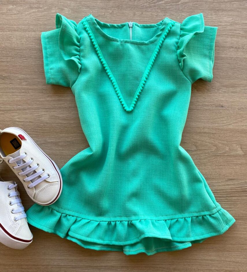 Vestido Infantil Feminino Zíper Atrás Verde com Detalhe Fernanda Ramos Kids