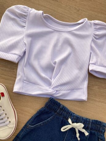 fernandaramoskids com br Blusa Cropped Infantil Feminino Canelado Manga Princesa Branco 1