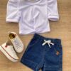 Blusa Cropped Infantil Feminino Canelado Manga Princesa Branco Fernanda Ramos Kids