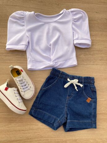 Blusa Cropped Infantil Feminino Canelado Manga Princesa Branco Fernanda Ramos Kids