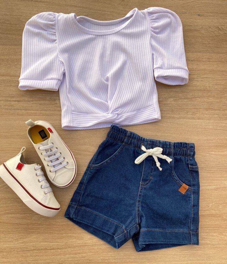 Blusa Cropped Infantil Feminino Canelado Manga Princesa Branco Fernanda Ramos Kids