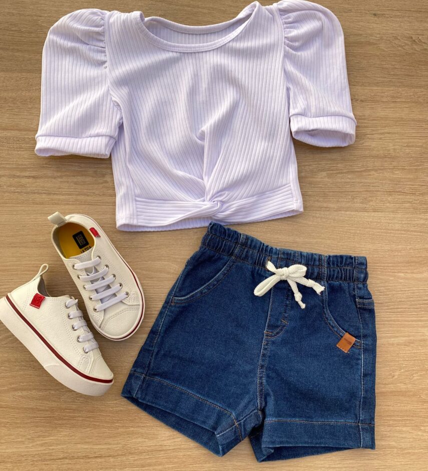 Blusa Cropped Infantil Feminino Canelado Manga Princesa Branco Fernanda Ramos Kids