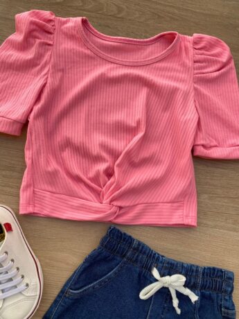 fernandaramoskids com br Blusa Cropped Infantil Feminino Canelado Manga Princesa Pink Flúor 1