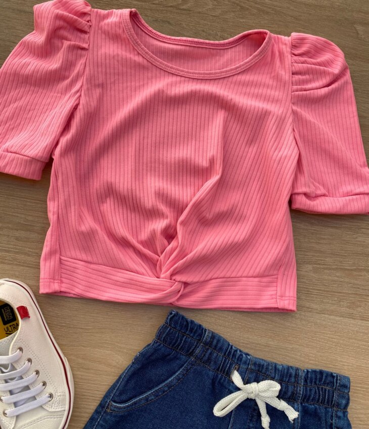 fernandaramoskids com br Blusa Cropped Infantil Feminino Canelado Manga Princesa Pink Flúor 1