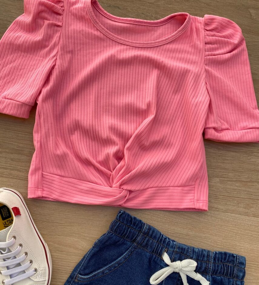 fernandaramoskids com br Blusa Cropped Infantil Feminino Canelado Manga Princesa Pink Flúor 1