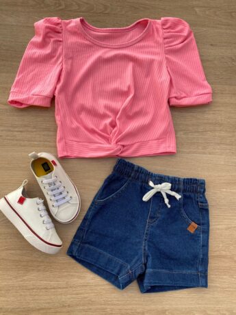 Blusa Cropped Infantil Feminino Canelado Manga Princesa Pink Flúor Fernanda Ramos Kids