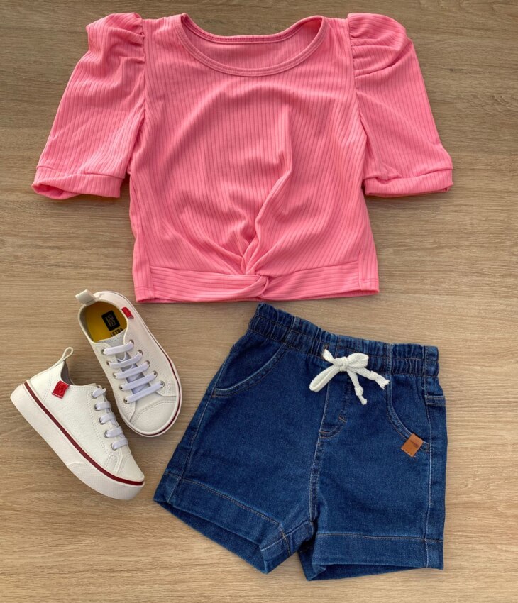 Blusa Cropped Infantil Feminino Canelado Manga Princesa Pink Flúor Fernanda Ramos Kids