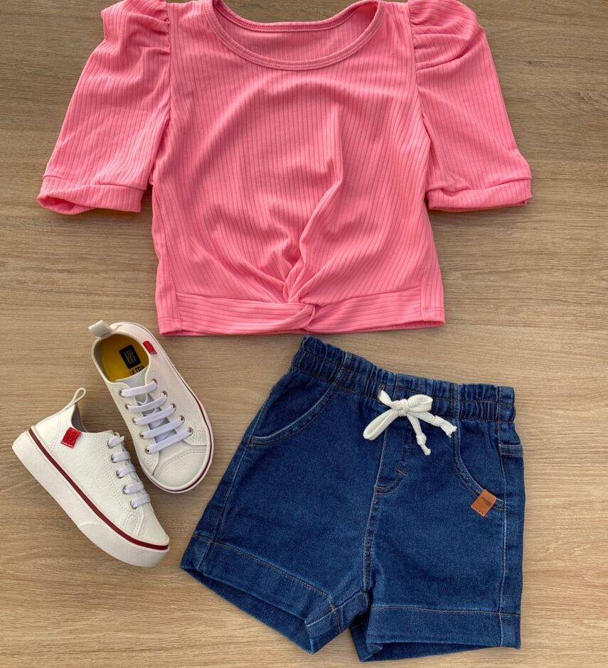 Blusa Cropped Infantil Feminino Canelado Manga Princesa Pink Flúor Fernanda Ramos Kids