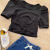 fernandaramoskids com br Blusa Cropped Infantil Feminino Canelado Manga Princesa Preto 1