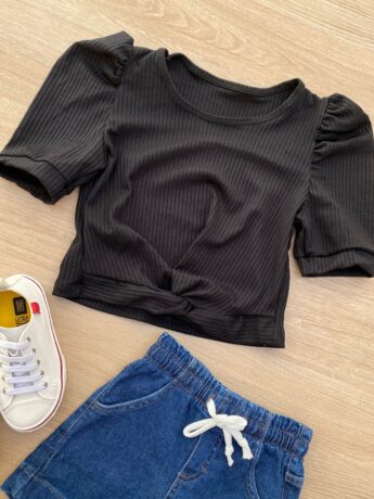 fernandaramoskids com br Blusa Cropped Infantil Feminino Canelado Manga Princesa Preto 1