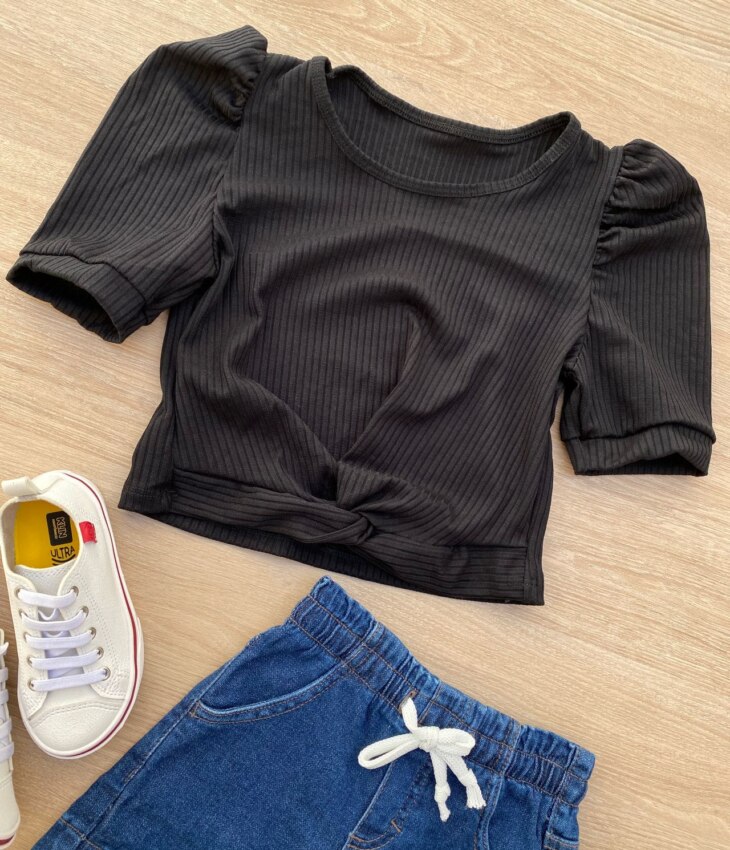 fernandaramoskids com br Blusa Cropped Infantil Feminino Canelado Manga Princesa Preto 1
