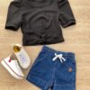 Blusa Cropped Infantil Feminino Canelado Manga Princesa Preto Fernanda Ramos Kids