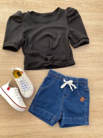 Blusa Cropped Infantil Feminino Canelado Manga Princesa Preto Fernanda Ramos Kids