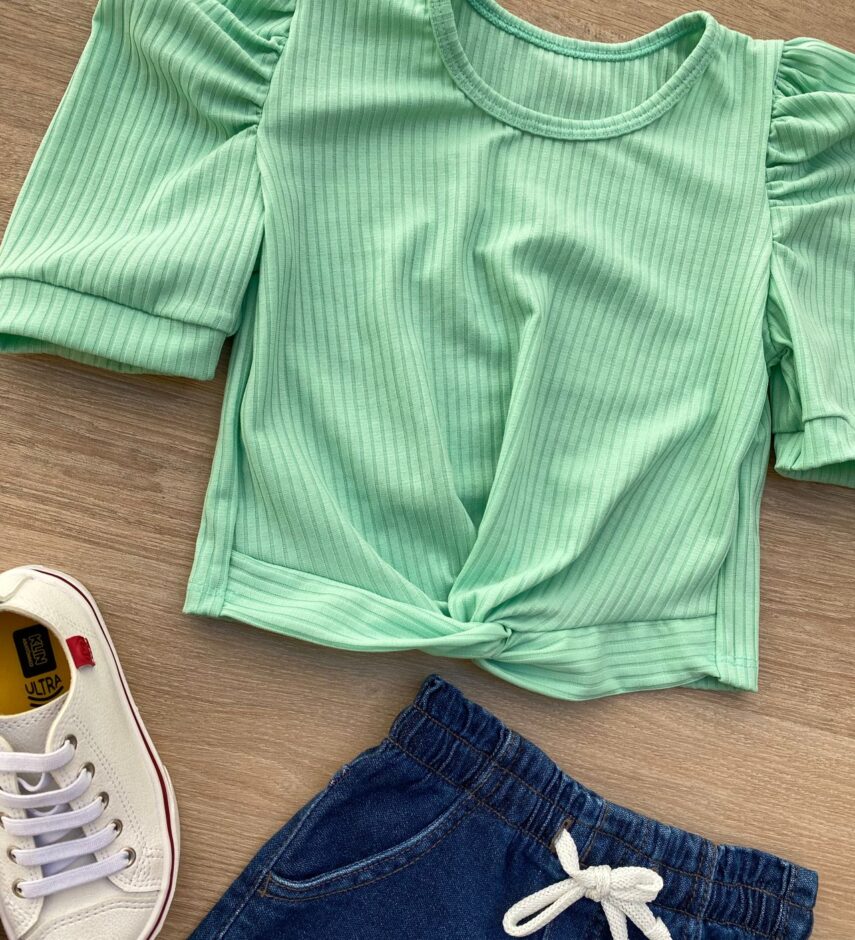 fernandaramoskids com br Blusa Cropped Infantil Feminino Canelado Manga Princesa Verde Agua 1