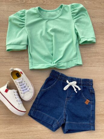 Blusa Cropped Infantil Feminino Canelado Manga Princesa Verde Agua Fernanda Ramos Kids