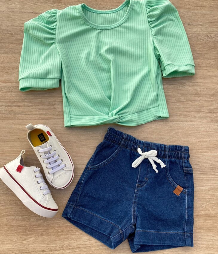 Blusa Cropped Infantil Feminino Canelado Manga Princesa Verde Agua Fernanda Ramos Kids