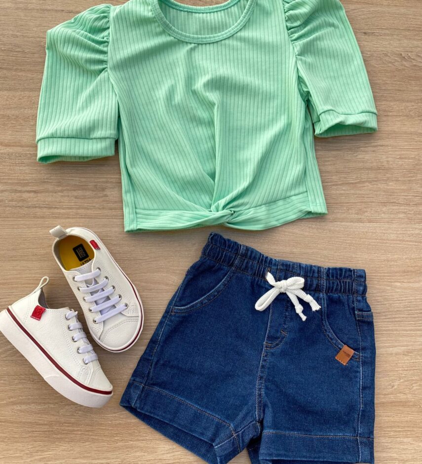 Blusa Cropped Infantil Feminino Canelado Manga Princesa Verde Agua Fernanda Ramos Kids
