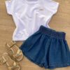 Blusa Cropped Infantil Feminino com Elástico Branco Fernanda Ramos Kids