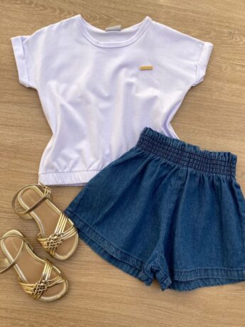 Blusa Cropped Infantil Feminino com Elástico Branco Fernanda Ramos Kids