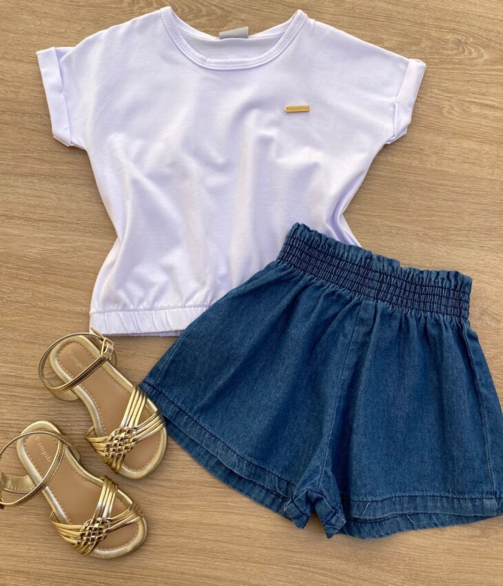 Blusa Cropped Infantil Feminino com Elástico Branco Fernanda Ramos Kids