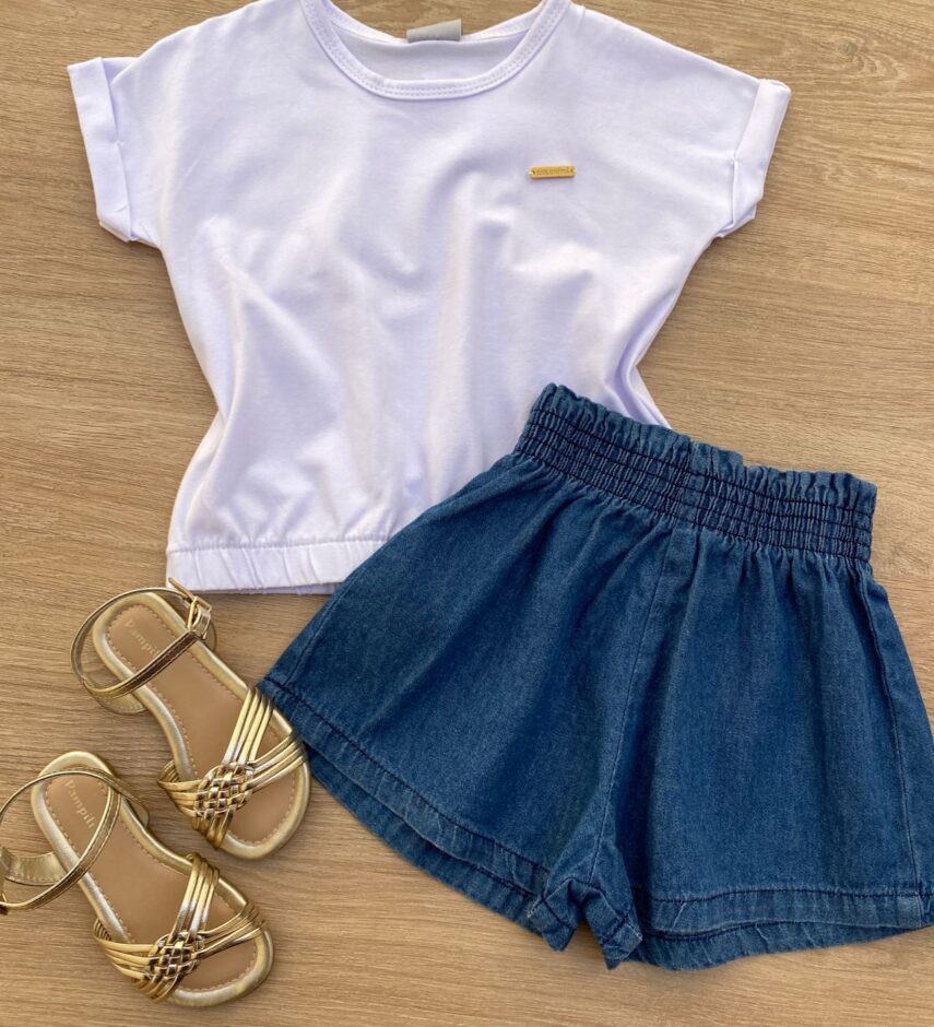 Blusa Cropped Infantil Feminino com Elástico Branco Fernanda Ramos Kids