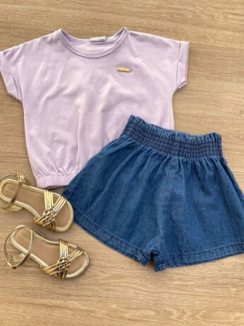Blusa Cropped Infantil Feminino com Elástico Lilás Fernanda Ramos Kids