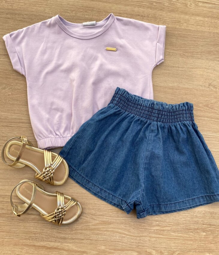 Blusa Cropped Infantil Feminino com Elástico Lilás Fernanda Ramos Kids