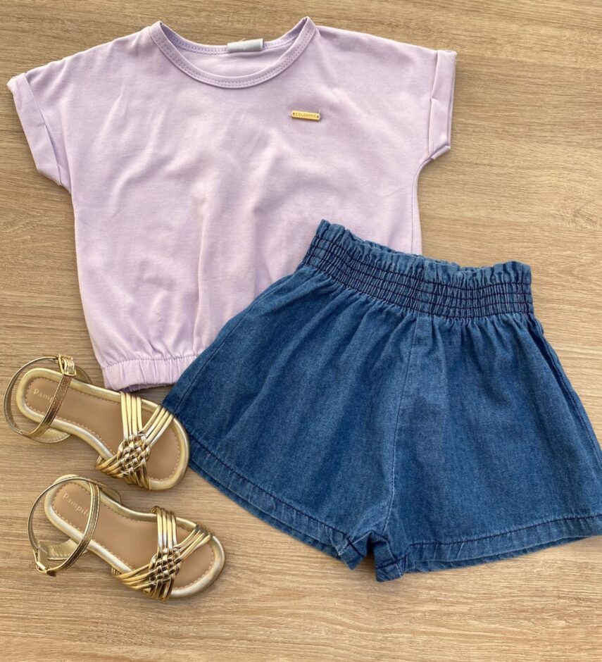 Blusa Cropped Infantil Feminino com Elástico Lilás Fernanda Ramos Kids