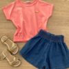 Blusa Cropped Infantil Feminino com Elástico Rosa Fernanda Ramos Kids