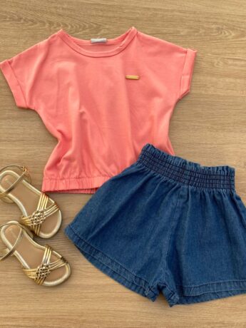 Blusa Cropped Infantil Feminino com Elástico Rosa Fernanda Ramos Kids