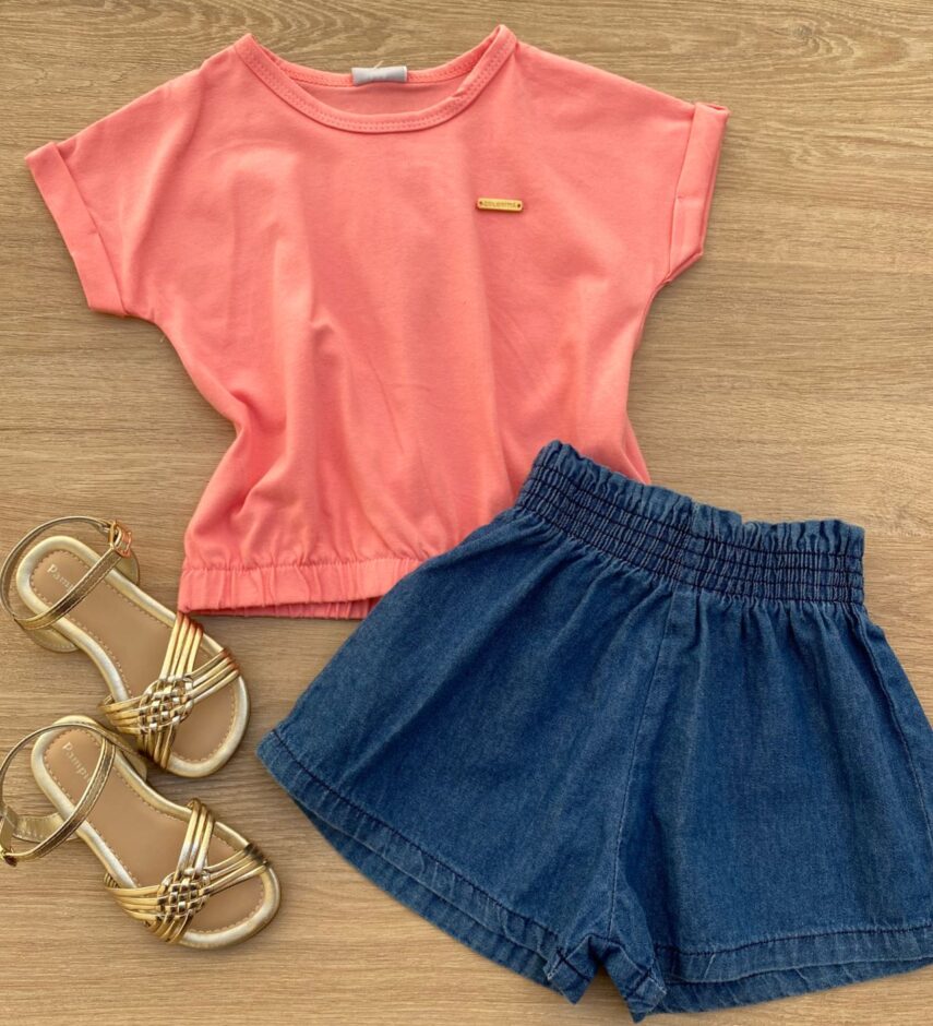 Blusa Cropped Infantil Feminino com Elástico Rosa Fernanda Ramos Kids