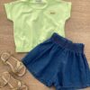 Blusa Cropped Infantil Feminino com Elástico Verde Fernanda Ramos Kids
