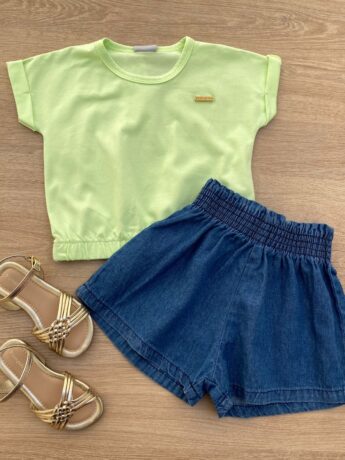 Blusa Cropped Infantil Feminino com Elástico Verde Fernanda Ramos Kids