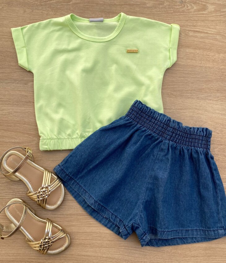 Blusa Cropped Infantil Feminino com Elástico Verde Fernanda Ramos Kids