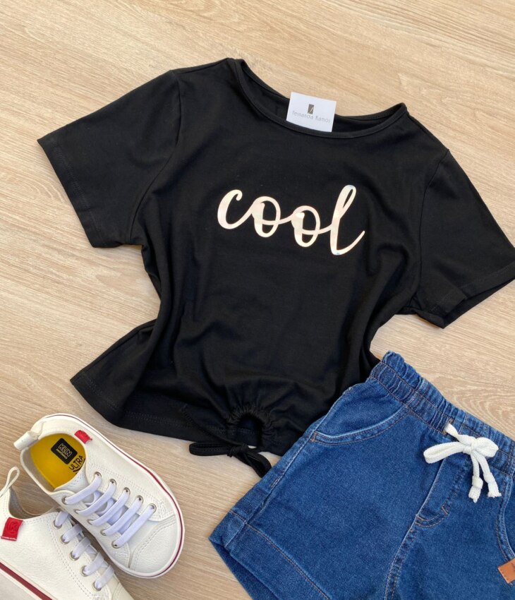 fernandaramoskids com br Blusa Cropped Infantil Feminino Manga Curta Cool com Amarração Preto 1