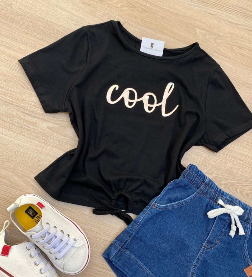 fernandaramoskids com br Blusa Cropped Infantil Feminino Manga Curta Cool com Amarração Preto 1
