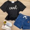 Blusa Cropped Infantil Feminino Manga Curta Cool com Amarração Preto Fernanda Ramos Kids