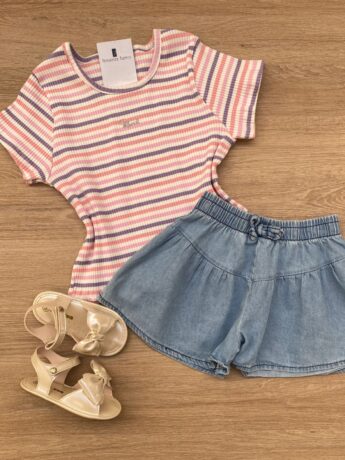 Blusa Cropped Infantil Feminino Manga Curta Listrada Fernanda Ramos Kids