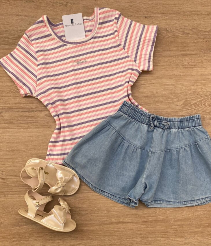 Blusa Cropped Infantil Feminino Manga Curta Listrada Fernanda Ramos Kids