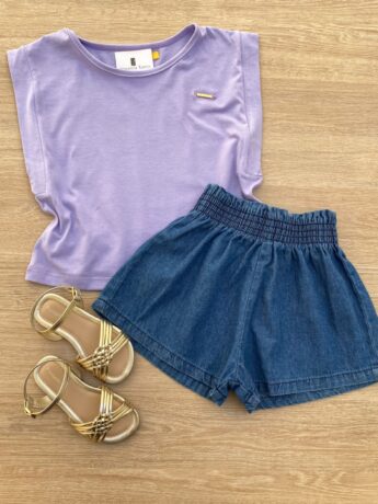 Blusa Cropped Infantil Feminino sem Mangas Lilás Fernanda Ramos Kids
