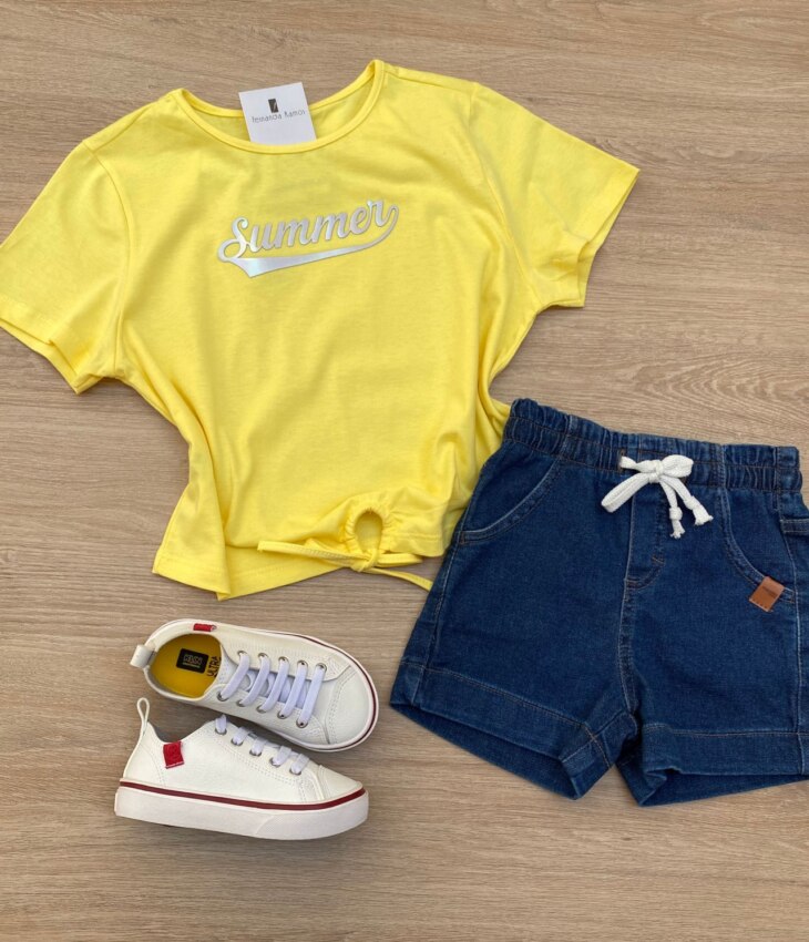 Blusa Cropped Infantil Feminino Summer com Amarração Amarelo Fernanda Ramos Kids