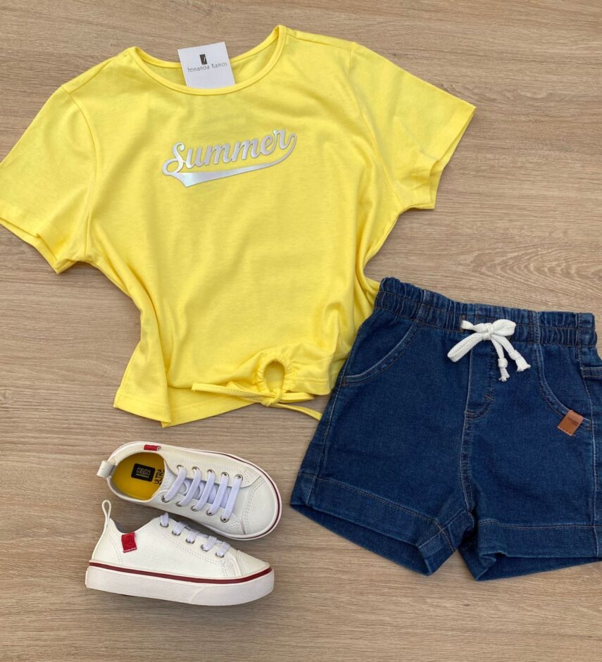 Blusa Cropped Infantil Feminino Summer com Amarração Amarelo Fernanda Ramos Kids