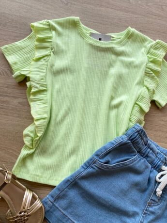 fernandaramoskids com br Blusa Infantil Feminina Manga Curta Canelada com Babado Verde 1