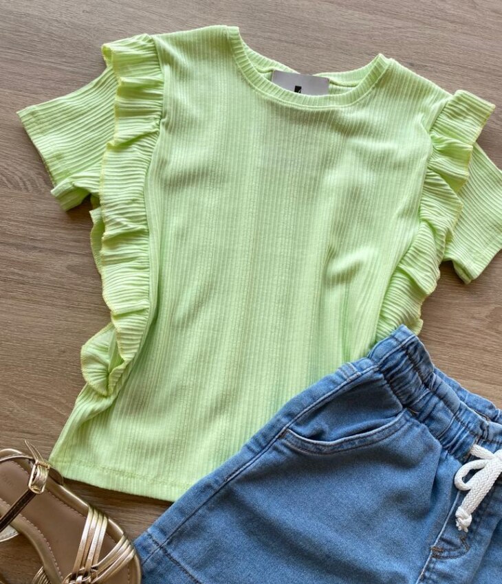 fernandaramoskids com br Blusa Infantil Feminina Manga Curta Canelada com Babado Verde 1