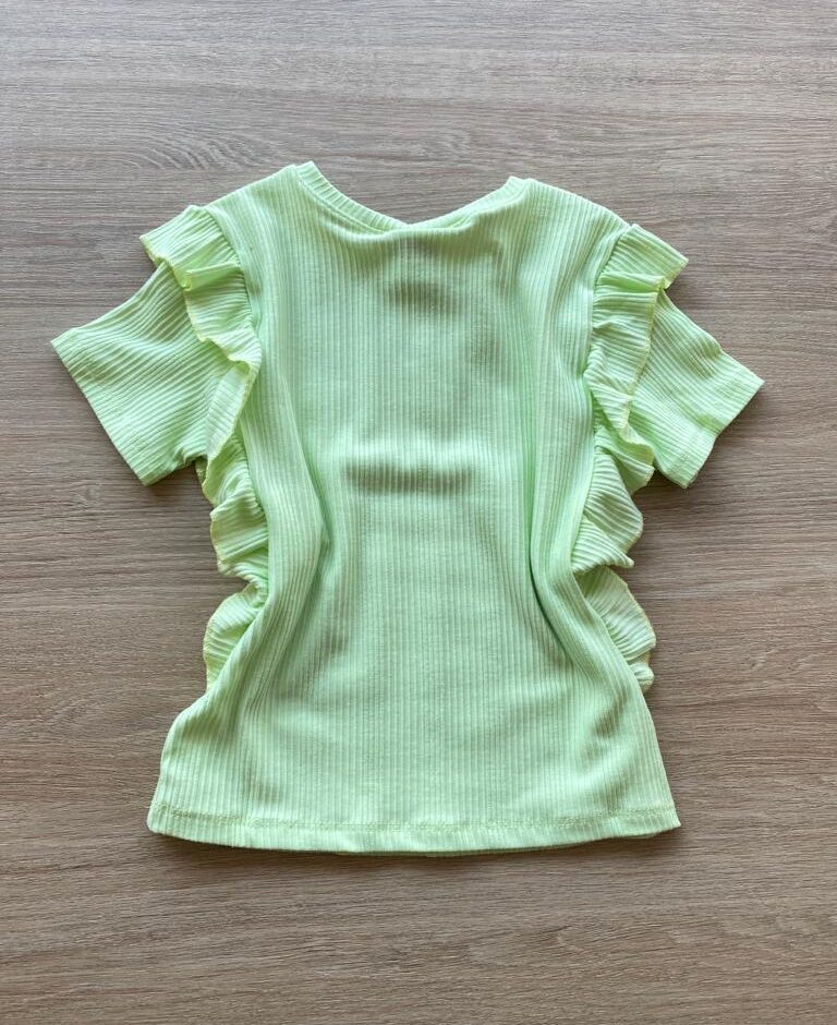 fernandaramoskids com br Blusa Infantil Feminina Manga Curta Canelada com Babado Verde 2