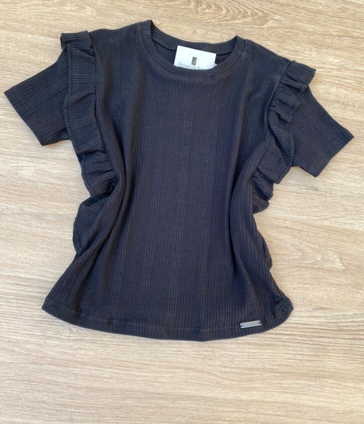 fernandaramoskids com br Blusa Infantil Feminina Manga Curta Canelada com Babado Preta 1