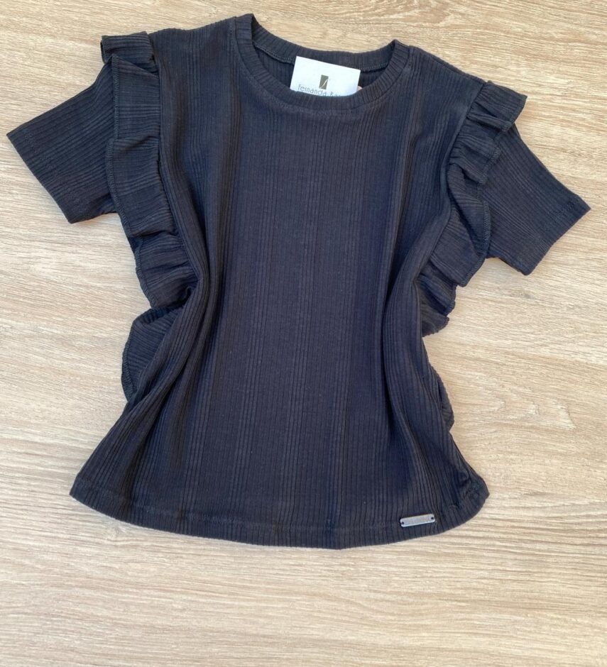 fernandaramoskids com br Blusa Infantil Feminina Manga Curta Canelada com Babado Preta 1