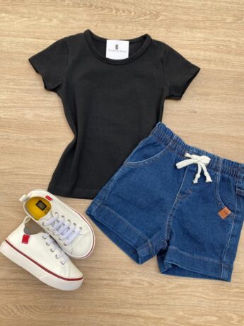 Blusa Infantil Feminina Manga Curta Cotton Preta Fernanda Ramos Kids