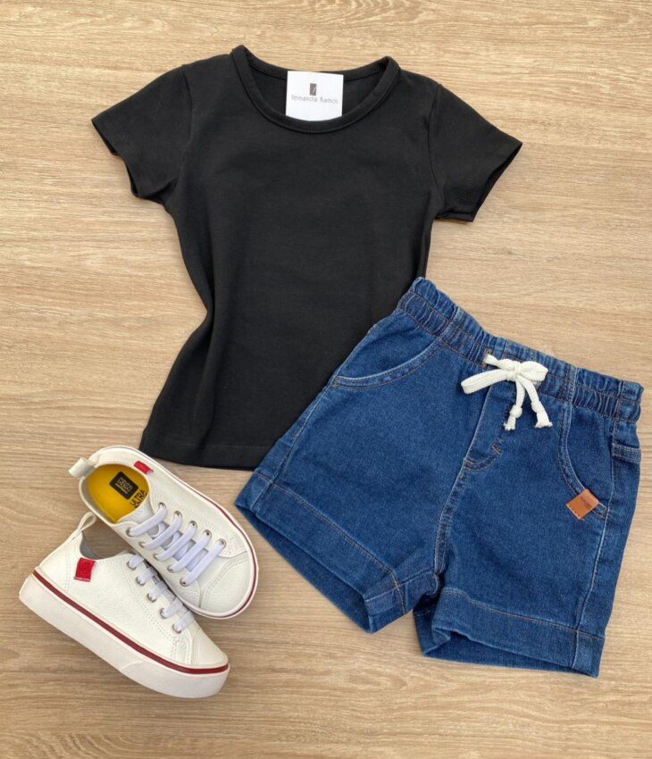 Blusa Infantil Feminina Manga Curta Cotton Preta Fernanda Ramos Kids