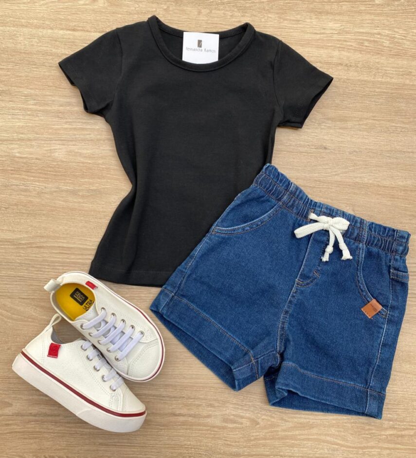 Blusa Infantil Feminina Manga Curta Cotton Preta Fernanda Ramos Kids
